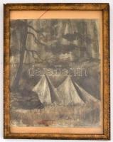 Bényi László (1909-2004): Sátrak az erdőben (Cserkész tábor?). Vegyes technika, papír, jelzett a műv...