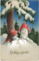 1928 Boldog Újévet! / New Year greeting card, mushrooms