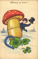 1944 Boldog Újévet! / New Year greeting card, chimney sweeper with mushroom, clovers and horseshoe (EK)