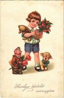 1937 Szívélyes üdvözlet névnapjára / Name Day greeting card, child with toys. WSSB. 4487g. (fl)
