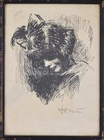 Olvashatatlan jelzéssel: Masnis kislány. Tus, papír, üvegezett, kopott fa keretben, 27,5x20 cm