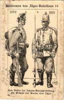 1917 Uniformen des Jäger-Bataillons 14 / WWI German military, uniforms of the 14th Rifleman Battalion 1900-1914. artist signed + S.B. I. E. J. B. 14. I. Rekr. Depot (EK)