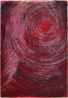 Illés Márta (?-): Vörös örvény (2007). Olaj, akril, vegyes technika, kollázs, papír, farostra kasírozva, hátoldalán címkén feliratozott, felületén és szélein sérülésekkel, 100x70cm