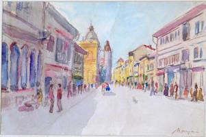 Mayer (?) jelzéssel: Városi forgatag. Akvarell, papír, paszpartuban, 20,5x31,5 cm