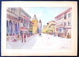 Mayer (?) jelzéssel: Városi forgatag. Akvarell, papír, paszpartuban, 20,5x31,5 cm