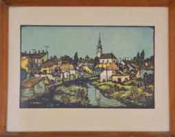 Réti Mátyás (1922-2002): Eger. Színes linómetszet, papír,  jelzett, üvegezett fa keretben, 25×40 cm