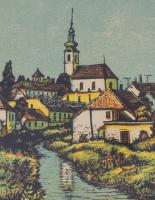 Réti Mátyás (1922-2002): Eger. Színes linómetszet, papír,  jelzett, üvegezett fa keretben, 25×40 cm