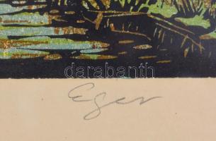 Réti Mátyás (1922-2002): Eger. Színes linómetszet, papír,  jelzett, üvegezett fa keretben, 25×40 cm