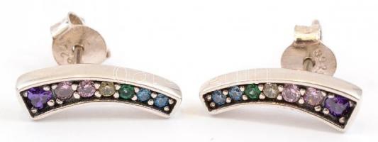 Ezüst(Ag) szivárványos fülbevalópár, színes kövekkel, Pandora jelzéssel, h: 1,5 cm, bruttó: 1,7 g