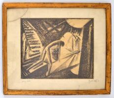 Bala...(?) jelzéssel: Expresszionista álom. Litográfia, papír, üvegezett fa keretben, sérült üveggel...