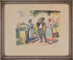 Révai Z (?) jelzéssel: Pihenő. Akvarellel színezett litográfia, papír. Enyhén foltos, üvegezett fa k...