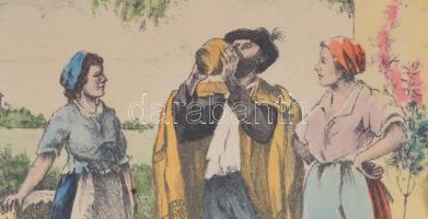 Révai Z (?) jelzéssel: Pihenő. Akvarellel színezett litográfia, papír. Enyhén foltos, üvegezett fa k...