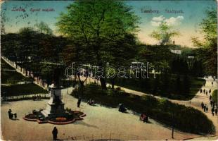 1916 Lviv, Lwów, Lemberg; Ogród miejski / Stadtpark / park, statue, monument (glue marks)