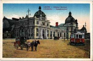 Lviv, Lwów, Lemberg; Glówny dworzec / Hauptbahnhof / railway station, tram, horse-drawn carriages