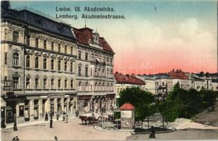 Lviv, Lwów, Lemberg; Ul. Akademicka, Apteka / Akademiestrasse, Kino / Academy Street, pharmacy, shop of Rauch, cinema, man with ladder