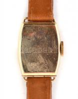 Arany (Au) 8K női karóra, mechanikus, jelzett, jár, bőr szíjjal, kissé koszos számlappal, 1,9×1,6 cm...