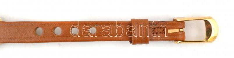 Arany (Au) 8K női karóra, mechanikus, jelzett, jár, bőr szíjjal, kissé koszos számlappal, 1,9×1,6 cm...