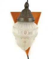 Réz falilámpa, bekötve, üveg burával, fa talpon, nem kipróbált, 18×30 cm