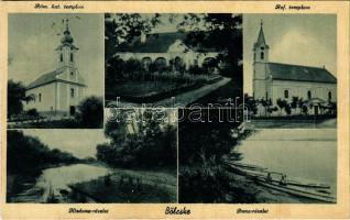 ~1940 Bölcske, Római katolikus templom, Református templom, zárda, Duna részlet, evezős csónakok