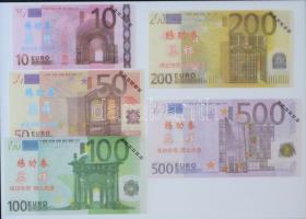 Kína ~2002. 10EUR + 50EUR + 100EUR + 200EUR + 500EUR égetési pénz T:I China ~2002. 10 Euro + 50 Euro + 100 Euro + 200 Euro + 500 Euro Hell banknotes C:Unc