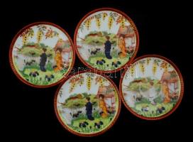 4 db kínai csészealj, matricás, jelzett, kopásnyomokkal, d: 11 cm