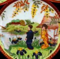 4 db kínai csészealj, matricás, jelzett, kopásnyomokkal, d: 11 cm