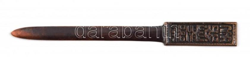 Vörösréz papírvágó kés, tartó tálkával, h: 20 cm, 27×6 cm