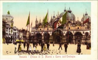 Venezia, Venice; Chiesa di S. Marco e Torre dellOrologio / church, clock tower, square, flags, litho