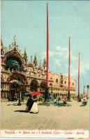 Venezia, Venice; S. Marco con i 3 stendardi (Cipro - Candia - Morea) / St Marks Square with 3 flags, litho