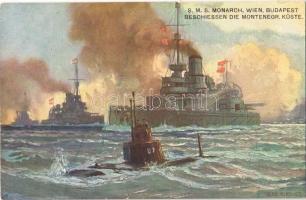 SMS Monarch, Wien, Budapest beschiessen die montenegr. Küste / WWI Austro-Hungarian Navy, K.u.K. Kriegsmarine, Monarch-class coastal defence ships bombarding the Montenegrin coasts, SM U-7 submarine. M. Munk Nr. 990. s: Alex Kircher (fl)