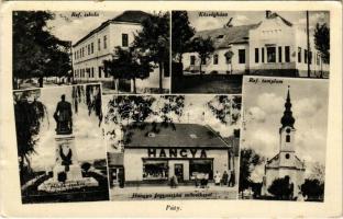 1941 Páty, Református templom és iskola, községháza, Hősök szobra, Hangya fogyasztási szövetkezet üzlete (EK)