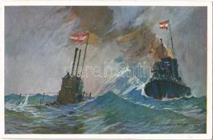 Unterseeboot und Hochseetorpedoboot auf Wacht. Österr. Flottenverein. K.u.K. Kriegsmarine / WWI Aust...