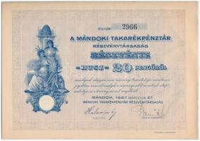 Mándok 1927. "Mándoki Takarékpénztár Részvénytársaság" részvénye 20P-ről, szelvényekkel és...