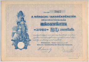 Mándok 1927. "Mándoki Takarékpénztár Részvénytársaság" részvénye 20P-ről, szelvényekkel és...