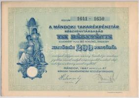 Mándok 1927. Mándoki Takarékpénztár Részvénytársaság tíz részvénye egyben, összesen 200P (2x) sorszámkövetők, szárazpecséttel, szelvényekkel T:I-,II