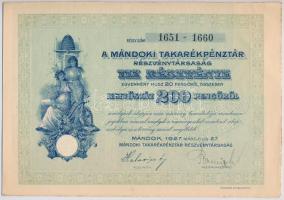 Mándok 1927. "Mándoki Takarékpénztár Részvénytársaság" tíz részvénye egyben, összesen 200P...