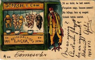 1903 Storch & Com. Reichhaltiges Lager / Stork shop with babies, humour. litho (fa)