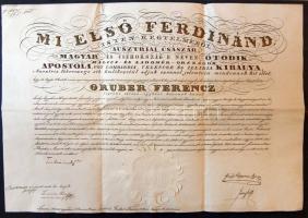 1847 Őrkanonoki címet adományozó okirat Gruber Ferenc soproni kanonok részére. V. Ferdinánd király, ill. gróf Apponyi György és Jászay Pál saját kezű aláírásaival / Prebendial appointing charter with own-handed autograph of emperor Ferdinand V., duke Apponyi György, and Jászay Pál