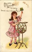 1906 Boldog Újévet! / New Year greeting card, girl with clover. Ser. 222. Emb. golden decorated litho (fl)