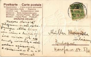 1906 Boldog Újévet! / New Year greeting card, girl with clover. Ser. 222. Emb. golden decorated lith...