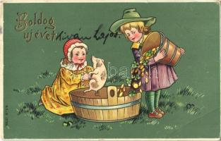 1908 Boldog Újévet! / New Year greeting card, girls with pig, gold, clover. M.S.i.B. 13796. (EB)