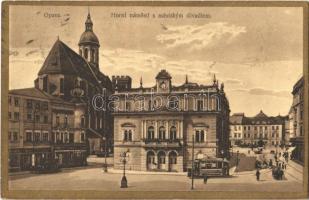 1925 Opava, Troppau; Horní námestí s mestskym divadlem / main square, theatre, tram