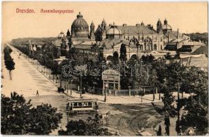Dresden, Ausstellungspalast / exhibition palace, tram, horse-down carriage