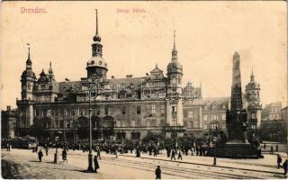 1908 Dresden, Drezda; Königl. Schloss / street view, tram, statue (EB)