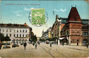 1914 Budapest IX. Vámház körút, Vásárcsarnok, Nádor szálloda és kávéház, Koszorúszalag nyomda, villamosok. TCV card (EK)