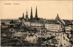 Dresden, Drezda; Postplatz, Waren Abzahlungsgeschäft, J. Bargou Söhne / street vieew, square, trams, horse-drawn carriages (EK)
