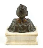 cca 1900-1910 La science - A tudomány, női szecessziós bronz mellszobor, alabástrom talapzaton, jelz...