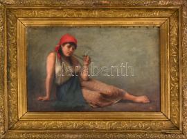 Olvashatatlan jelzéssel, 1900-1930 körül: Pipázó cigánylány. Olaj, vászon, restaurált, sérült fa ker...