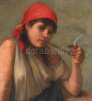 Olvashatatlan jelzéssel, 1900-1930 körül: Pipázó cigánylány. Olaj, vászon, restaurált, sérült fa ker...