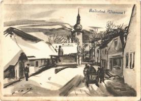 Radostné Vianoce! / Serie Heimat. Winter im Dorf. / winter in the village, Christmas greeting art postcard s: Kurt Hallegger (EB)
